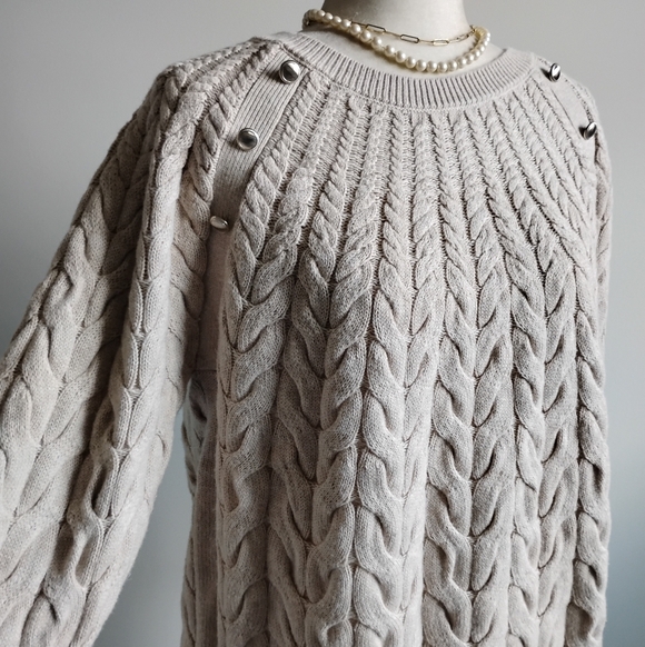 Talbots Sweaters - Talbots Cotton Wool Blend Cable Knit Sweater Natural Tan Silver Buttons